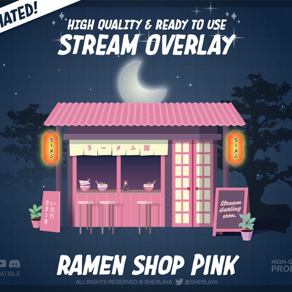 Animated Overlay Ramen Shop COMPLETE PACK Japan / Pastel / Pink / Cute / Dark / Moon / Night / Alerts / Kawaii