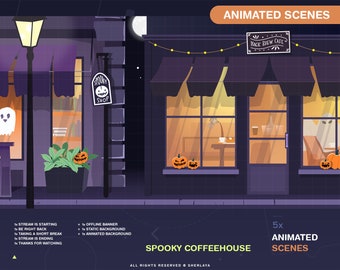 5x Animated Scenes Spooky Coffeeshop / Halloween / Wicca / Cute / Dark / Occult / Witch / Alerts / Kawaii / Purple / Witchy