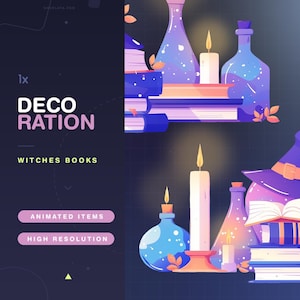 Puede incluir: Un conjunto de libros de bruja morados y azules con un sombrero de bruja morado, velas y botellas de poción. Los libros están apilados uno encima del otro y tienen un borde dorado. Las velas están encendidas y las botellas de poción están llenas de un líquido azul. El texto "1x DECORATION WITCHES BOOKS ANIMATED ITEMS HIGH RESOLUTION" está en el lado izquierdo de la imagen.