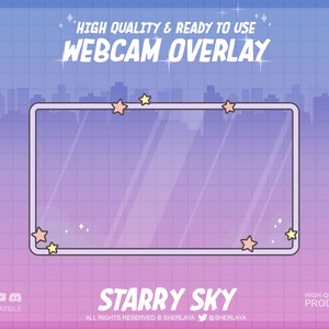 Könnte beinhalten: Ein violettes und rosa Webcam-Overlay mit einem transparenten Rechteck in der Mitte. Das Overlay hat ein Gittermuster und Sterne in den Ecken. Der Text "HIGH QUALITY & READY TO USE WEBCAM OVERLAY" befindet sich oben im Bild. Der Text "STARRY SKY" befindet sich unten im Bild. Der Text "COMPATIBLE" befindet sich unten links. Der Text "HIGH-QUALITY PRODUCT" befindet sich unten rechts.