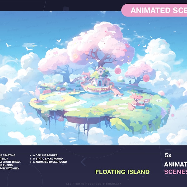 5x Animated Scenes Floating Island / Screens / Pastel / Pink / Spring / Sushi / Screens / Sakura / Purple / Sunny / Cherry Blossom / Flower