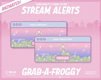 7x Animated Alerts Grab A Froggy / Fun Fair / Pastel / Overlay / Border / Alert / Kawaii / Twitch / Pixel / Frog / Pink / Rose