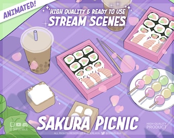 3x Animated Scenes Sakura Picnic / Pink / Pastel / Japanese / Spring / Sushi / Screens / Kawaii / Purple / Sunny / Cherry Blossom / Flower