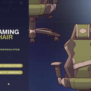 Puede incluir: Una silla de juego verde y negra con un acento blanco. La silla tiene un respaldo alto y un reposacabezas. La silla está sobre un fondo azul con un patrón de cuadrícula.