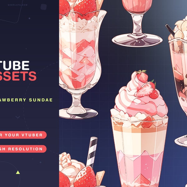 Vtuber Assets Strawberry Sundae/Vtube/Vtubing/Twitch/Kawaii/Manga/Cute/Cup/Ice Cream/Cafe