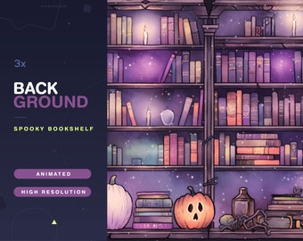 3x Vtuber Animated Backgrounds Spooky Bookshelf / Halloween / Vtube / Assets / Witchy / Blue / Books / Reading / Author