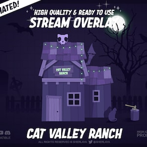 Könnte beinhalten: Animiertes Stream-Overlay mit einem gruseligen lila und grünen Cartoon-Haus mit einem Schild, auf dem "Cat Valley Ranch" steht. Das Haus hat einen Schädel auf dem Dach und ist mit Lichterketten beleuchtet. Der Hintergrund ist ein dunkler lilafarbener Nachthimmel mit Vollmond und einem kahlen Baum.