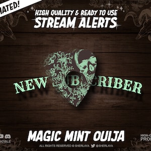Könnte beinhalten: Animiertes Stream-Alert-Grafik mit einem grün-schwarzen herzförmigen Ouija-Brett-Design. Der Text "NEW SUBSCRIBER" ist in grüner Schrift auf schwarzem Hintergrund. Der Text "MAGIC MINT OUIJA" ist in weißer Schrift auf schwarzem Hintergrund. Der Text "HIGH-QUALITY PRODUCT" ist in weißer Schrift auf schwarzem Hintergrund.
