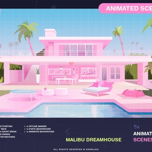 5x Animated Scenes Malibu Dreamhouse / Background / Screens / Girly / Pink / Poolhouse / American Dream / Sunny / Pool / Florida / Summer