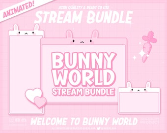 May include: Animated pink and white bunny themed Twitch stream bundle with the text "Bunny World Stream Bundle" and "Welcome to Bunny World".