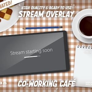 May include: A digital tablet with a black screen displaying the text "Stream starting soon" on a brown and white checkered tablecloth. A cup of coffee, a pencil, and a notepad are also on the table. The text "CO-WORKING CAFE" is at the bottom of the image.