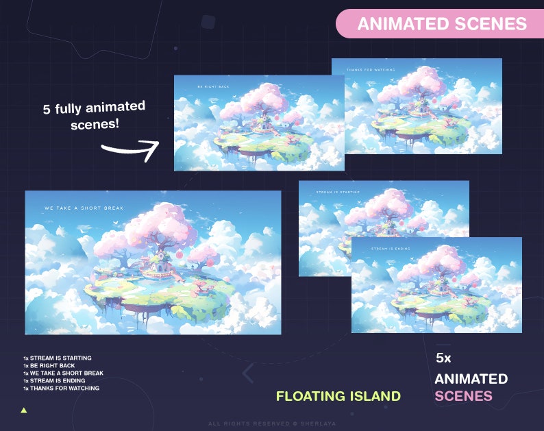 5x Animated Scenes Floating Island / Screens / Pastel / Pink / Spring ...