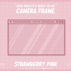 Könnte beinhalten: Ein rosa und weißer Kamerarahmen mit einem Gittermuster und dem Text "HIGH QUALITY & READY TO USE CAMERA FRAME" und "STRAWBERRY PINK".