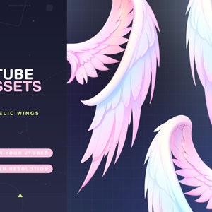 Op de afbeelding: Twee paar roze en witte engelenvleugels met een verloop. De vleugels zijn ontworpen voor gebruik als virtuele streamer-assets. De tekst "2x VTUBE ASSETS ANGELIC WINGS" wordt aan de linkerkant van de afbeelding weergegeven. De tekst "FOR YOUR VTUBER HIGH RESOLUTION" wordt onder de vleugels weergegeven.