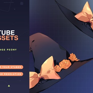 Könnte beinhalten: Eine digitale Illustration eines Hexenhutes mit einer großen orangenen Schleife und orangenen Blumen. Der Hut ist schwarz und hat eine breite Krempe. Der Text "VTUBE ASSETS" und "ORANGE PEONY" wird auf dem Bild angezeigt.