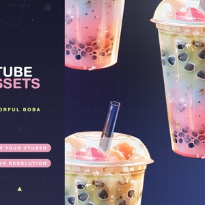 Vtuber Assets Colorful Boba / Vtube / Vtubing / Twitch / Kawaii / Manga / Cute / Cup / Watercolor / Cafe / Cocktail