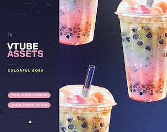 Vtuber Assets Colorful Boba / Vtube / Vtubing / Twitch / Kawaii / Manga / Cute / Cup / Watercolor / Cafe / Cocktail