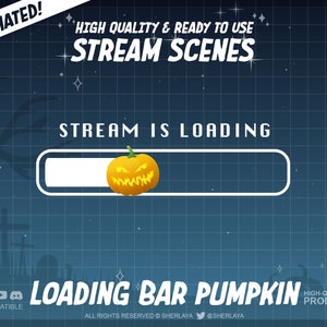 Könnte beinhalten: Animierte Halloween-Stream-Szene mit einer Kürbis-förmigen Ladeanzeige. Der Text "STREAM IS LOADING" befindet sich über der Anzeige und "LOADING BAR PUMPKIN" darunter. Die Szene spielt vor einem dunkelblauen Hintergrund mit einem Gittermuster.