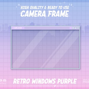 Könnte beinhalten: Ein retro-artiger Kamerarahmen in Lila und Blau mit einem transparenten Fenster. Der Rahmen hat einen pixeligen Stadt-Horizont im Hintergrund und den Text "HIGH QUALITY & READY TO USE CAMERA FRAME" oben. Der Text "RETRO WINDOWS PURPLE" befindet sich unten am Rahmen.