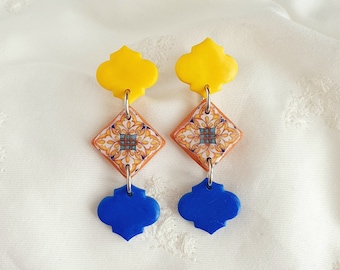 Majolica clay earrings, Sicilian tile earrings, Arabesque earrings, Azulejos earrings, Portuguese tile earrings, Moroccan tile earrings