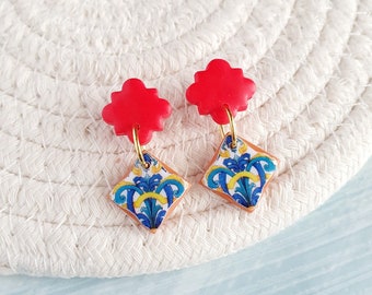 Sicilian tile earrings, Italian tile earrings, Majolica clay earrings, Baroque dangle earrings, Azulejo earrings, Arabesque tile earrings