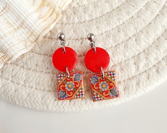 Sicilian carriage earrings, Italian majolica earrings, Red tile dangle earrings, Mediterranean tile earrings, Spanish tile earrings
