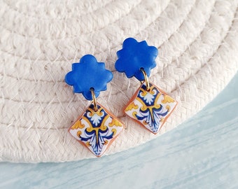 Italian blue tile earrings, Majolica clay earrings, Mediterranean earrings, Azulejo earrings, Arabesque blue tile earrings, Drop earrings