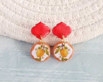 Arabesque red tile earrings, Italian Lemon tile earrings, Lemon majolica clay earrings, Mediterranean earrings, Lemon dangle earrings