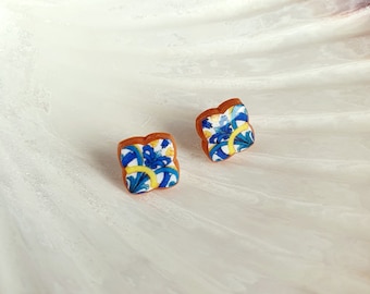 Portuguese tile earrings, Arabesque tile earrings, Italian majolica stud earrings, Azulejo clay stud earrings, Mediterranean tile earrings