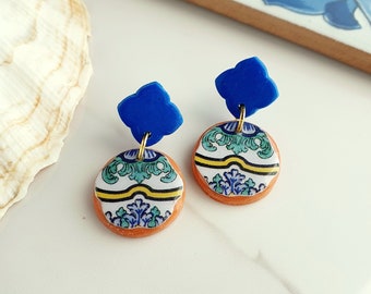 Mediterranean tile earrings, Positano art earrings, Italian style earrings, Portuguese blue tile earrings, Moroccan dangle earrings