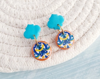 Turquoise arabesque earrings, Italian tile dangle earrings, Mediterranean tile earrings, Azul clay earrings, Colorful Majolica earrings