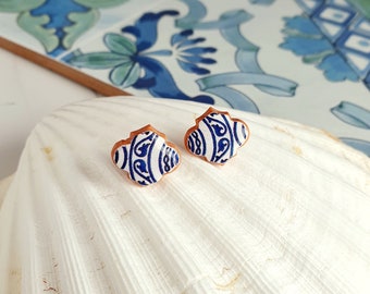 Arabesque tile earrings, Azulejo tile earrings, Terracotta clay earrings, Portuguese tile earrings, Mediterranean blue white tile earrings
