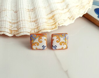 Sicilian tile earrings, Baroque stud earrings, Italian majolica tile earrings, Terracotta clay earrings, Mediterranean tile stud earrings