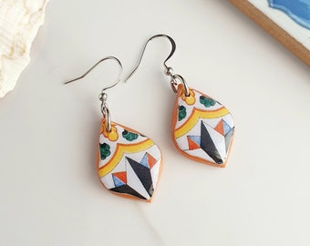 Amalfi coast earrings, Mediterranean earrings, Earrings dangle terracotta, Talavera tile clay earrings, Portuguese tile earrings