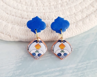 Italian tile earrings, Majolica clay earrings, Mediterranean earrings, Floral tile earrings, Arabesque blue tile earrings, Drop earrings