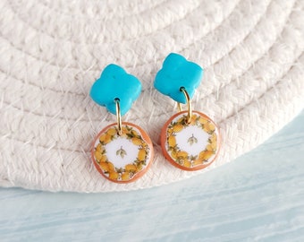 Italian lemon tile earrings, Mediterranean tile earrings, Azul clay earrings, Amalfi coast gift, Majolica clay earrings, Arabesque earrings