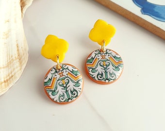 Sicilian tile earrings, Italian tile earrings, Yellow green dangle earrings, Baroque earrings, Amalfi coast tile, Mediterranean earrings