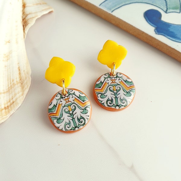 Sicilian tile earrings, Italian tile earrings, Yellow green dangle earrings, Baroque earrings, Amalfi coast tile, Mediterranean earrings