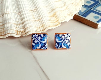 Azulejo blue tile earrings, Ceramic tile polymer clay earrings, Portuguese tile earrings, Mediterranean tile earrings, Italian tile earrings