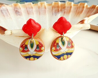 Colorful tile earrings, Mediterranean tile earrings, Italian style earrings, Terracotta clay earrings, Majolica earrings, Sicilian earrings