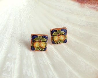 Italian Lemon tile earrings, Lemon majolica earrings, Earrings for summer, Blue tile earrings, Mediterranean earrings, Lemon stud earrings