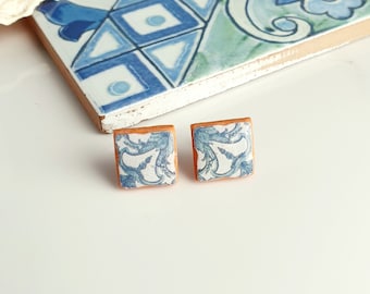 Azulejo blue tile earrings, Ceramic tile polymer clay earrings, Portuguese tile earrings, Mediterranean tile earrings, Italian tile earrings