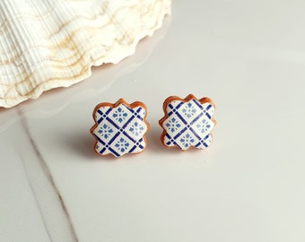 Moroccan tile earrings, Arabesque tile earrings, Azulejo clay earrings, Portuguese tile earrings, Mediterranean tile stud earrings