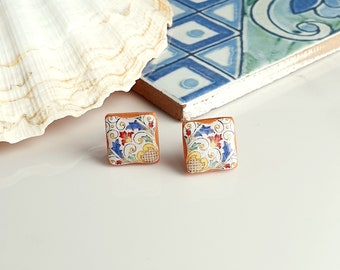 Italian majolica tile earrings, Terracotta clay earrings, Mediterranean tile stud earrings, Sicilian tile earrings, Vietri tile earrings