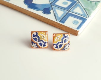 Amalfi coast clay earrings, Mediterranean tile stud earrings, Italian majolica tile earrings, Sicilian tile earrings, Azulejo tile earrings