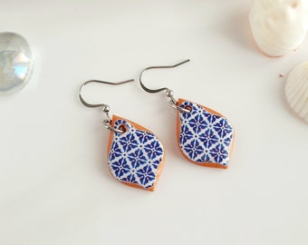 White blue tile Earrings, Greek clay earrings, Azulejos earrings, Portuguese tile earrings, Mediterranean style earrings, Italian earrings