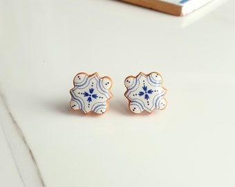 Arabesque tile earrings, Azulejo tile clay earrings, Portuguese tile earrings, Mediterranean tile stud earrings, Moroccan tile earrings