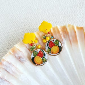 Lemon tile dangle earrings, Mediterranean earrings, Sicilian tile earrings, Italian lemon earrings, Majolica clay earrings, Baroque earrings