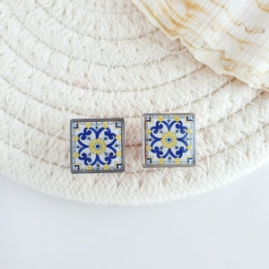 Floral tile earrings, Portuguese blue yellow tile earrings, Italian tile earrings, Terracotta clay earrings, Sicilian stud earrings