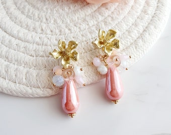 Ceramic drop earrings, Pink cluster earrings, Golden flower earrings, Romantic dangle earrings, Pastel pink  earrings